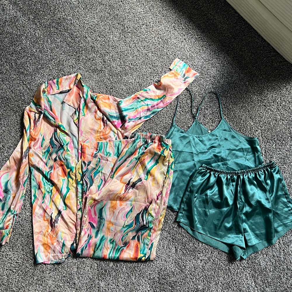 Women’s Satin Sleep Set — Teal Cami & Multicolor Marble Pajama Jacket